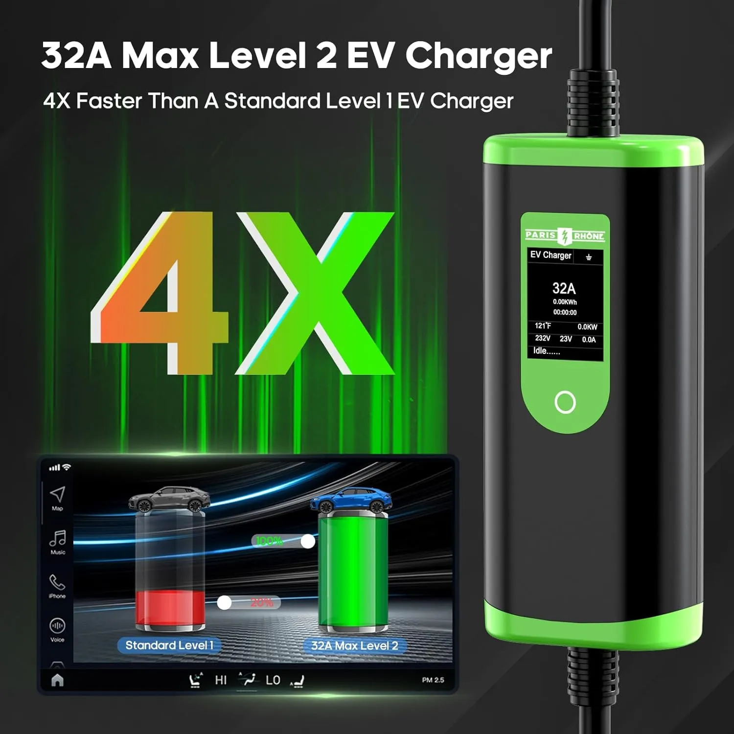 Paris Rhône NEMA 14-50 Level 2 Portable EV Charger 240V 32 Amp with 25 ft Extension Cord