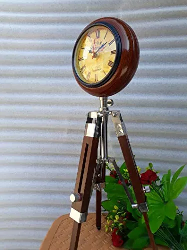 Quality Step Packers Wooden Analog Clock with Antique Wooden Tripod Stand,