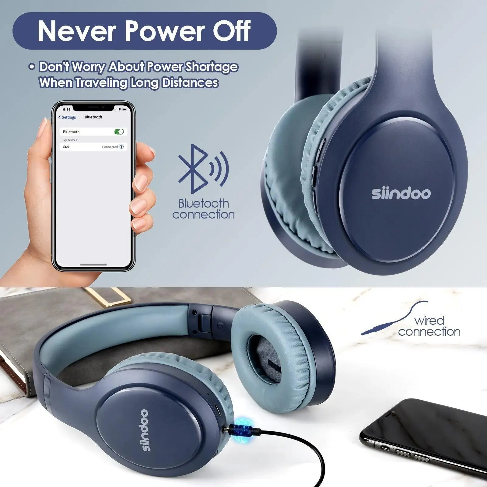 Siindoo Bluetooth Headphones: Superior Sound Quality with Powerful Bass and Long Battery Life