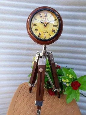 The Antique's Lab Table Clock Handmade Home Decor 5 inch Wooden Table Clock with Adjustable Tripod Stand Heavy Quality (Color Brown), Tripod 5 inch Clock for Home & Office (Brown 1)