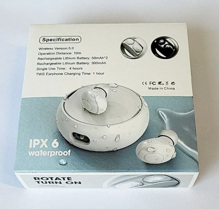 TWS Bluetooth In-Ear Headphones Headset rotating design HIFI Sound IPX6 iOS, Android - White