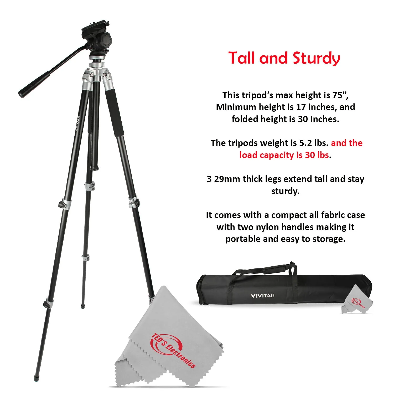 Vivitar Cinema 71 Inch Aluminum Alloy Tripod 360° Fluid Head with Pan Tilt