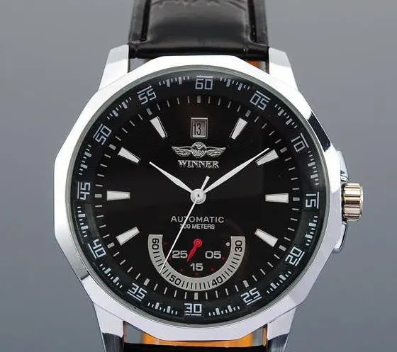 Winner Mechanical Black High Quality Leather Calendar Automatic Watch Clock Men Sports Watches