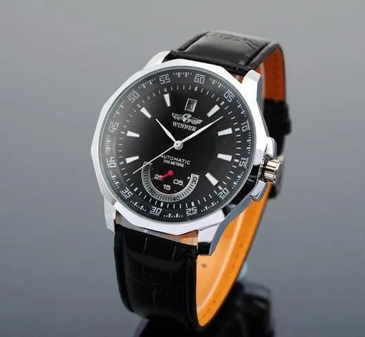 Winner Mechanical Black High Quality Leather Calendar Automatic Watch Clock Men Sports Watches