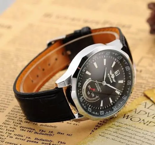 Winner Mechanical Black High Quality Leather Calendar Automatic Watch Clock Men Sports Watches