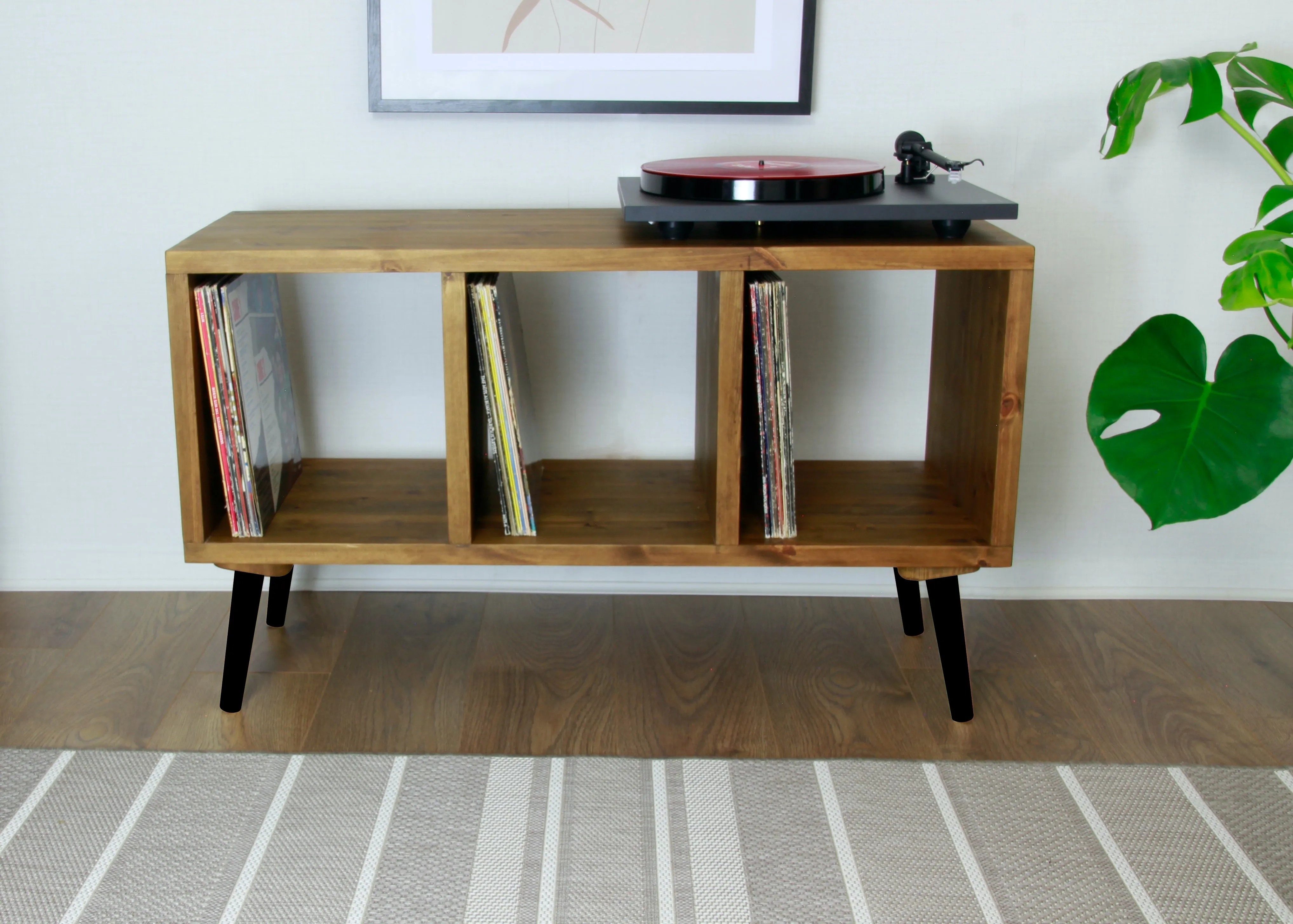 Wooden Turntable Stand, Vinyl Record Storage - Record Cabinet with Black Wooden Feet