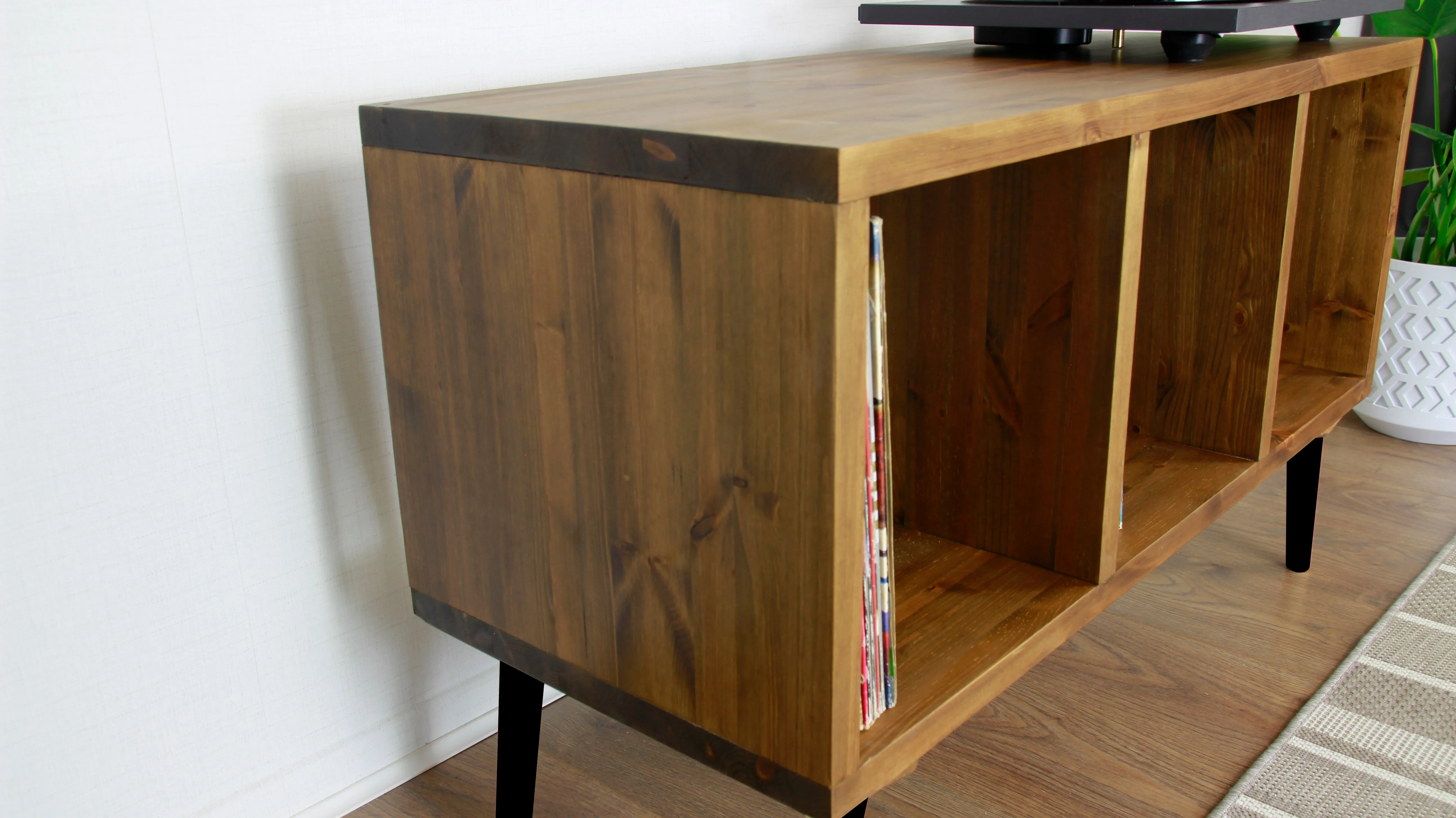 Wooden Turntable Stand, Vinyl Record Storage - Record Cabinet with Black Wooden Feet