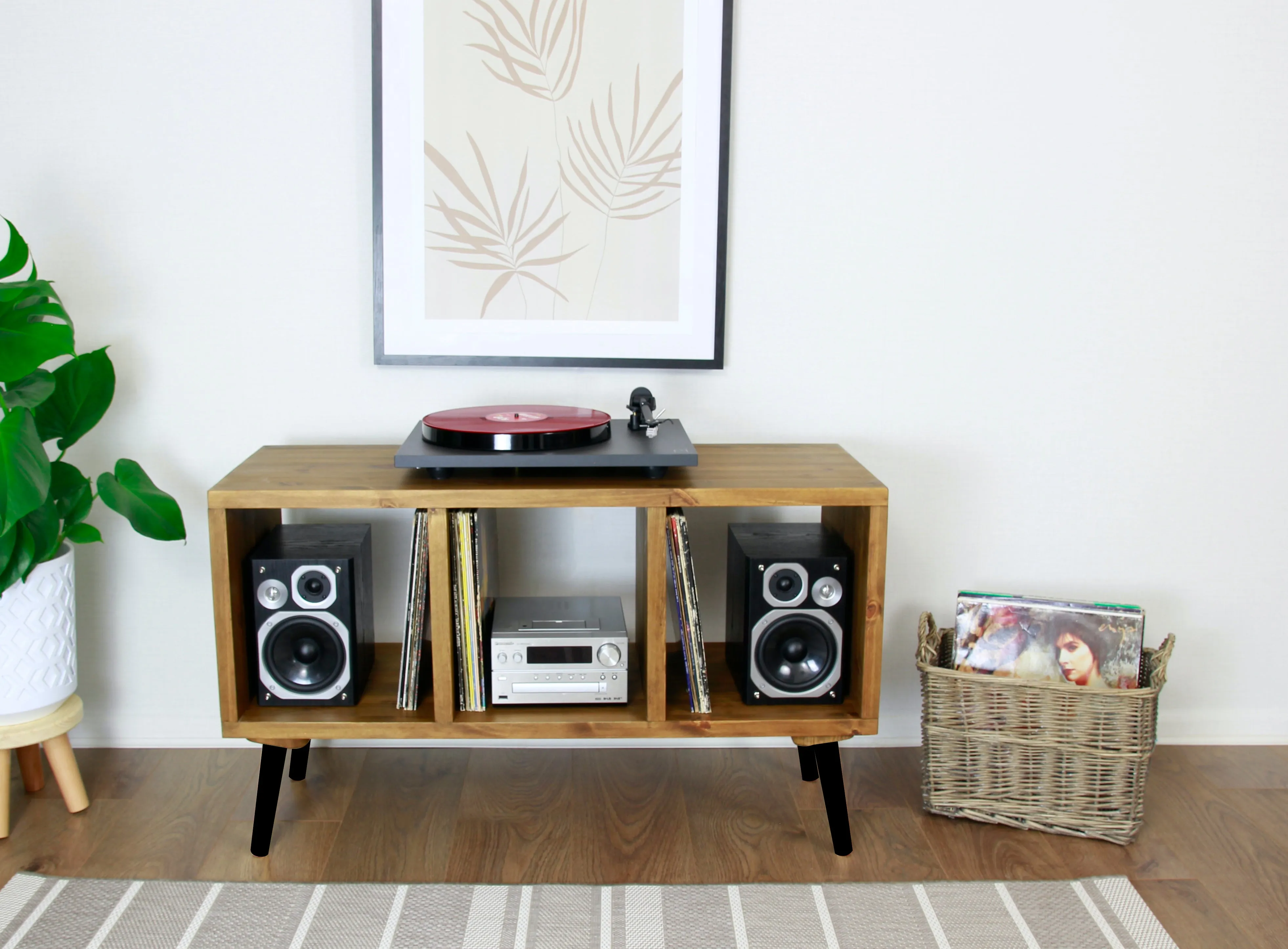 Wooden Turntable Stand, Vinyl Record Storage - Record Cabinet with Black Wooden Feet